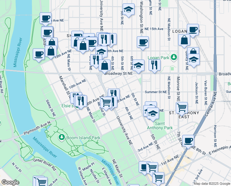 map of restaurants, bars, coffee shops, grocery stores, and more near 330 8th Avenue Northeast in Minneapolis