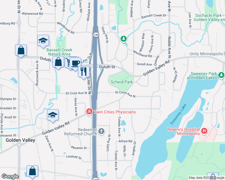 map of restaurants, bars, coffee shops, grocery stores, and more near 5218 Saint Croix Avenue North in Minneapolis