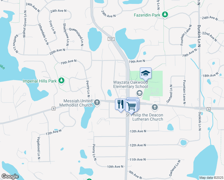 map of restaurants, bars, coffee shops, grocery stores, and more near 1625 Merrimac Lane North in Plymouth