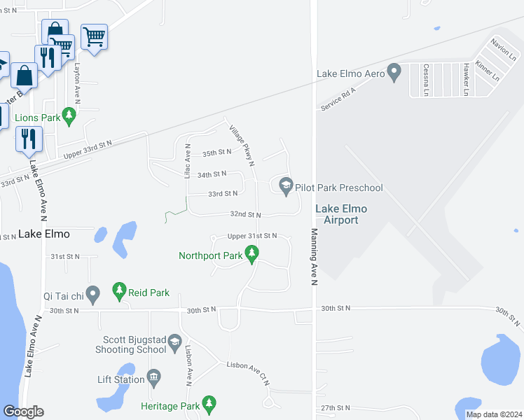 map of restaurants, bars, coffee shops, grocery stores, and more near 11812 32nd Street North in Lake Elmo