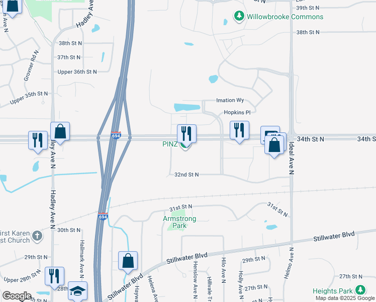 map of restaurants, bars, coffee shops, grocery stores, and more near 7520 32nd Street North in Oakdale