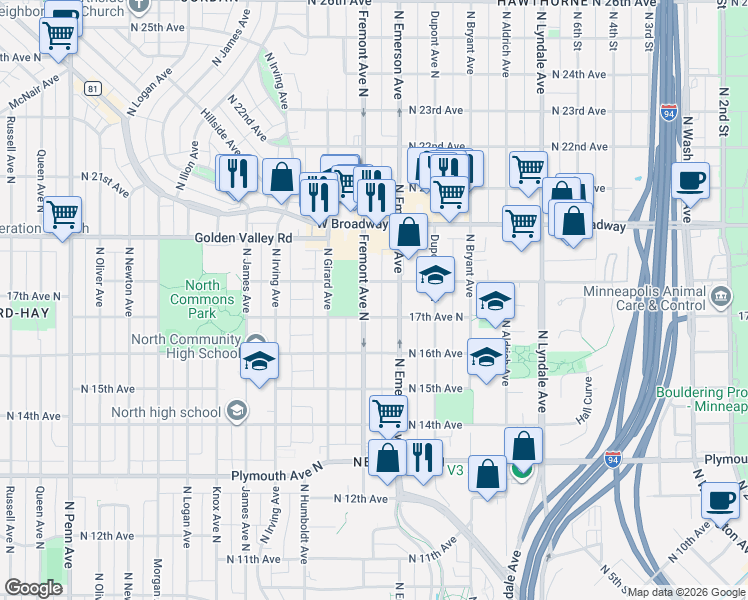map of restaurants, bars, coffee shops, grocery stores, and more near 1718 North Fremont Avenue in Minneapolis