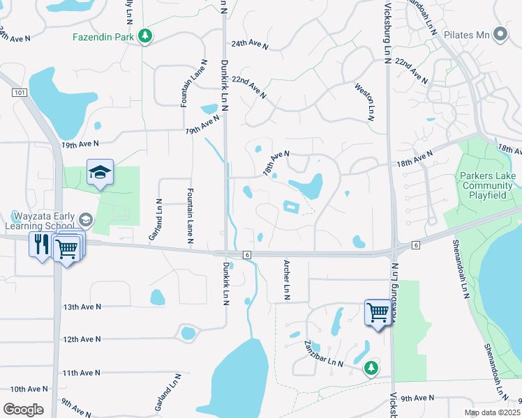 map of restaurants, bars, coffee shops, grocery stores, and more near 1502 Black Oaks Place North in Minneapolis
