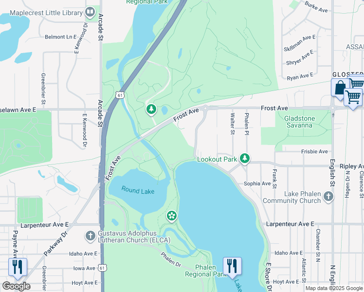 map of restaurants, bars, coffee shops, grocery stores, and more near 1880 East Shore Drive in Saint Paul