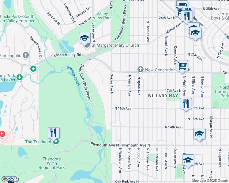 map of restaurants, bars, coffee shops, grocery stores, and more near 1658 Xerxes Avenue North in Minneapolis