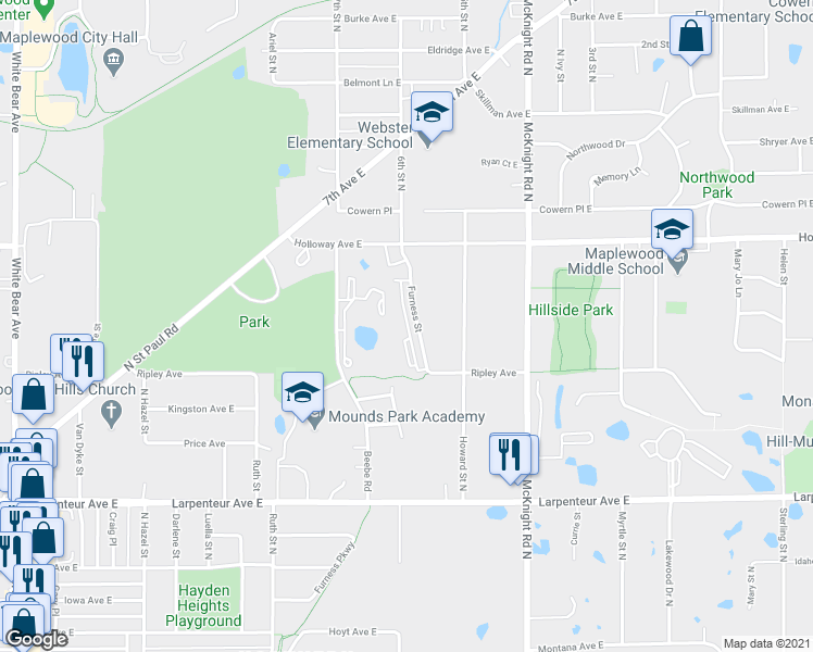 map of restaurants, bars, coffee shops, grocery stores, and more near 1854 Beebe Road in Maplewood