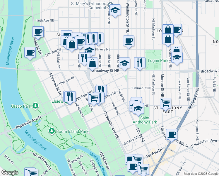 map of restaurants, bars, coffee shops, grocery stores, and more near 712 5th Street Northeast in Minneapolis
