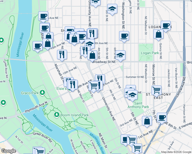 map of restaurants, bars, coffee shops, grocery stores, and more near 809 University Avenue Northeast in Minneapolis