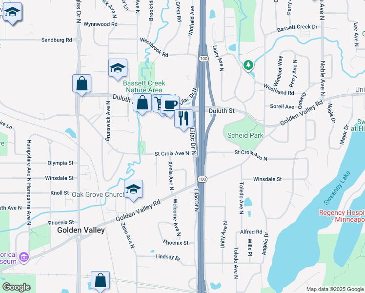 map of restaurants, bars, coffee shops, grocery stores, and more near 1725 Lilac Drive North in Minneapolis