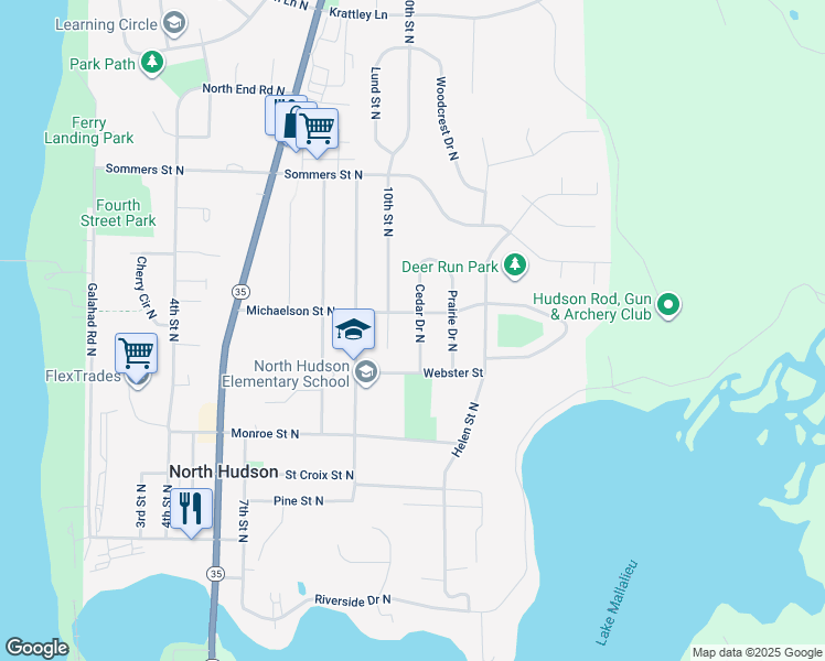 map of restaurants, bars, coffee shops, grocery stores, and more near 521 Cedar Drive North in Hudson