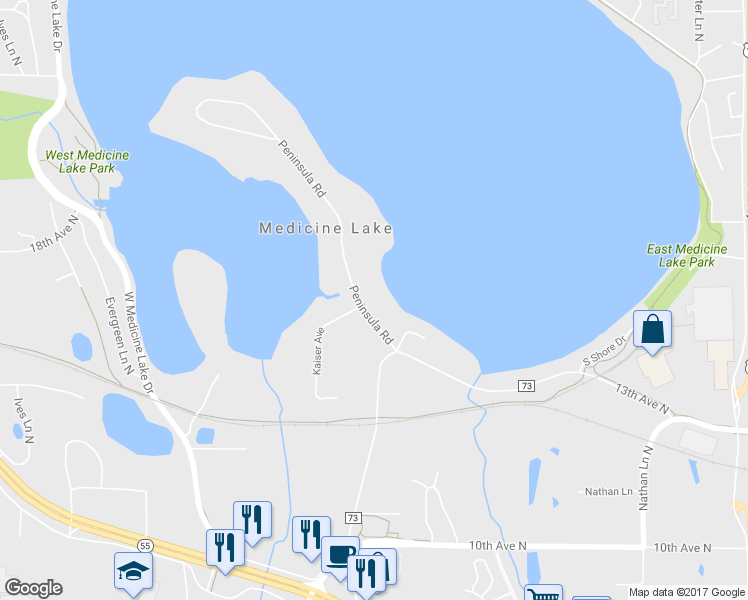 map of restaurants, bars, coffee shops, grocery stores, and more near 118 Peninsula Road in Minneapolis