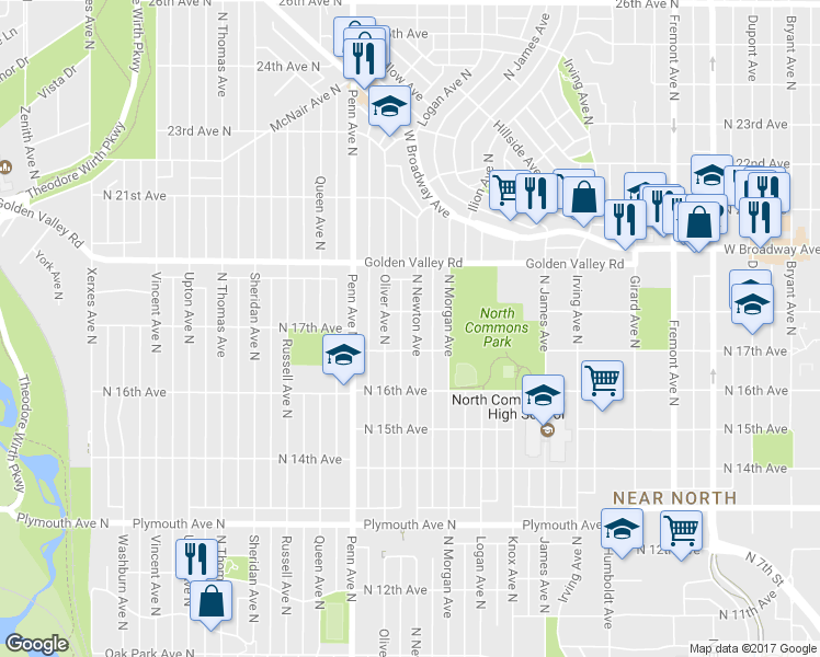 map of restaurants, bars, coffee shops, grocery stores, and more near 1719 North Newton Avenue in Minneapolis