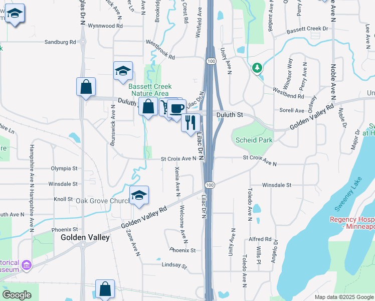 map of restaurants, bars, coffee shops, grocery stores, and more near 1725 Lilac Drive North in Minneapolis