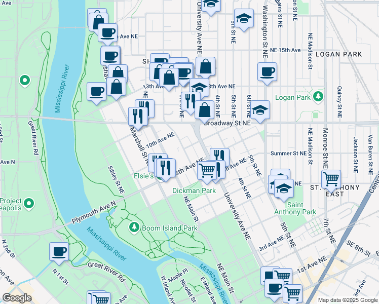 map of restaurants, bars, coffee shops, grocery stores, and more near 823 Northeast 2nd Street in Minneapolis