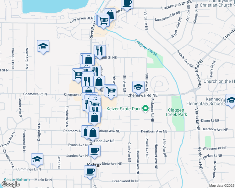 map of restaurants, bars, coffee shops, grocery stores, and more near 769 Chemawa Road North in Keizer