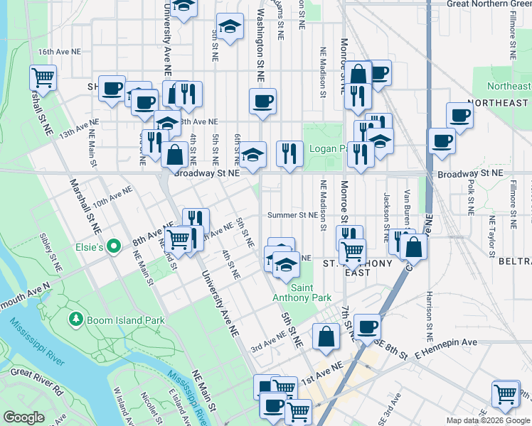 map of restaurants, bars, coffee shops, grocery stores, and more near 637 Summer Street Northeast in Minneapolis