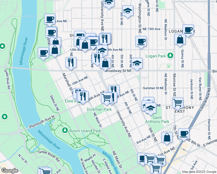map of restaurants, bars, coffee shops, grocery stores, and more near 809 University Avenue Northeast in Minneapolis