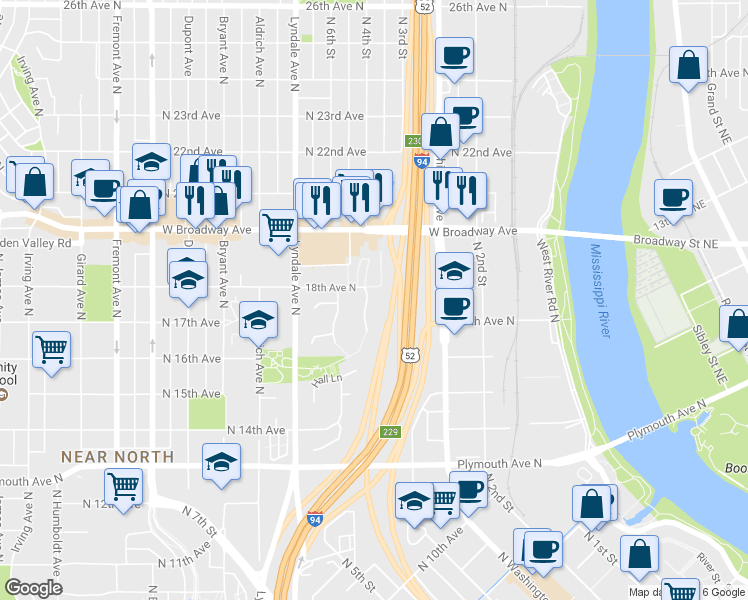 map of restaurants, bars, coffee shops, grocery stores, and more near 1713 Lyn-Curve Avenue North in Minneapolis