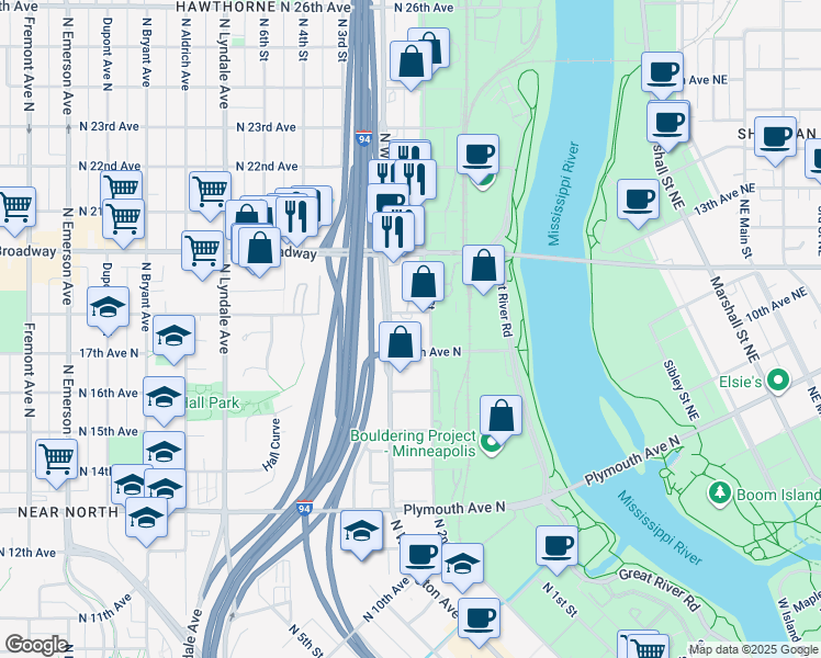 map of restaurants, bars, coffee shops, grocery stores, and more near 217 18th Avenue North in Minneapolis