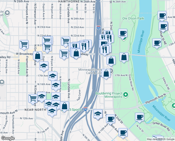 map of restaurants, bars, coffee shops, grocery stores, and more near 1713 Lyn-Curve Avenue North in Minneapolis