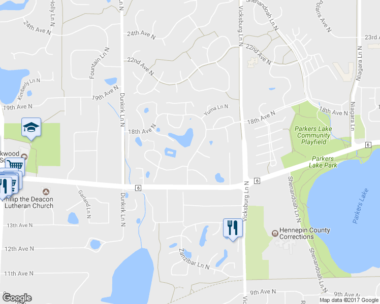 map of restaurants, bars, coffee shops, grocery stores, and more near 1605 Yuma Lane North in Plymouth