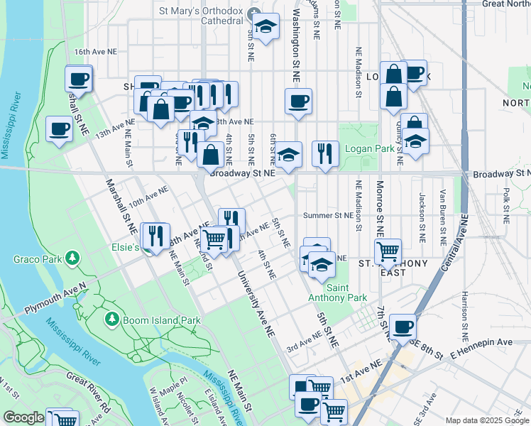 map of restaurants, bars, coffee shops, grocery stores, and more near 712 5th Street Northeast in Minneapolis