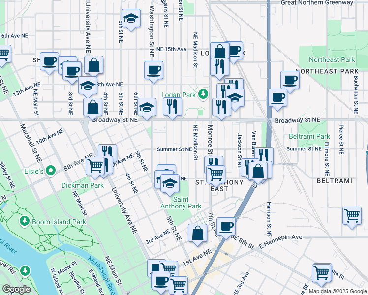 map of restaurants, bars, coffee shops, grocery stores, and more near 703 Jefferson Street Northeast in Minneapolis