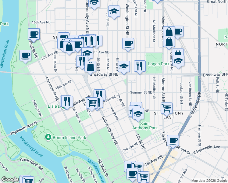 map of restaurants, bars, coffee shops, grocery stores, and more near 712 5th Street Northeast in Minneapolis