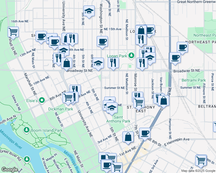map of restaurants, bars, coffee shops, grocery stores, and more near 637 Summer Street Northeast in Minneapolis