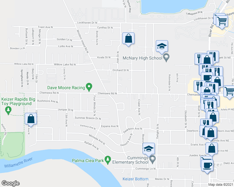 map of restaurants, bars, coffee shops, grocery stores, and more near 898 Chemawa Road North in Keizer