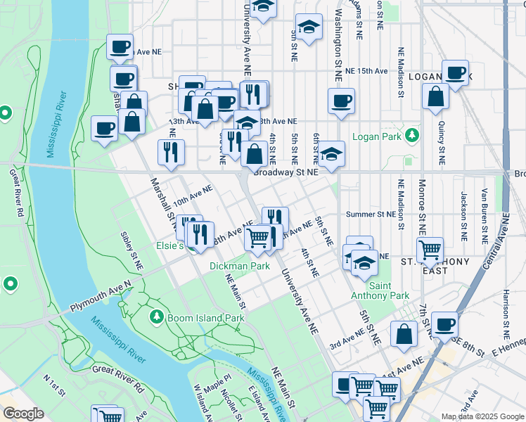 map of restaurants, bars, coffee shops, grocery stores, and more near 809 University Avenue Northeast in Minneapolis