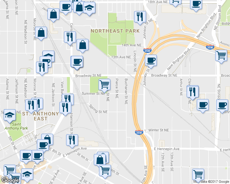 map of restaurants, bars, coffee shops, grocery stores, and more near 702 Pierce Street Northeast in Minneapolis