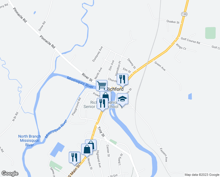 map of restaurants, bars, coffee shops, grocery stores, and more near 2 Main Street in Richford