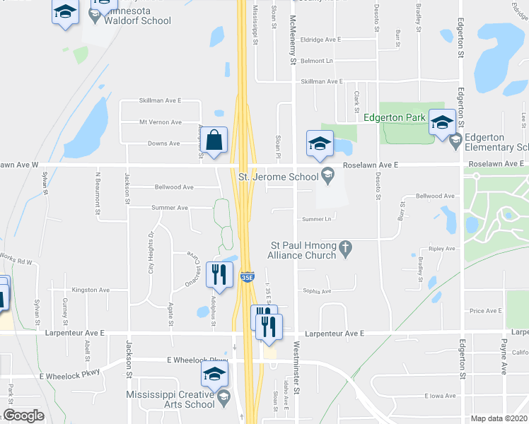 map of restaurants, bars, coffee shops, grocery stores, and more near 317 Summer Place East in Maplewood