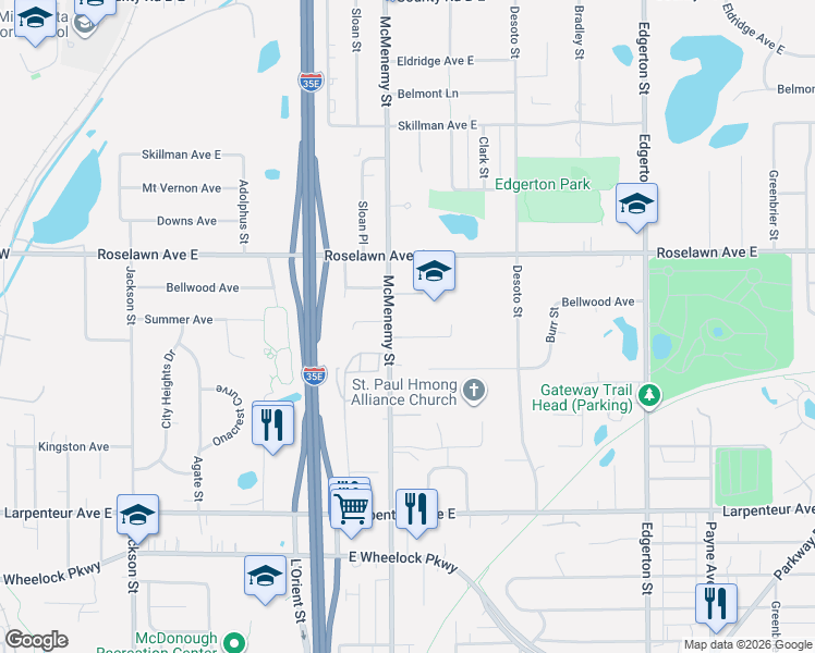 map of restaurants, bars, coffee shops, grocery stores, and more near 1860 McMenemy Street in Maplewood