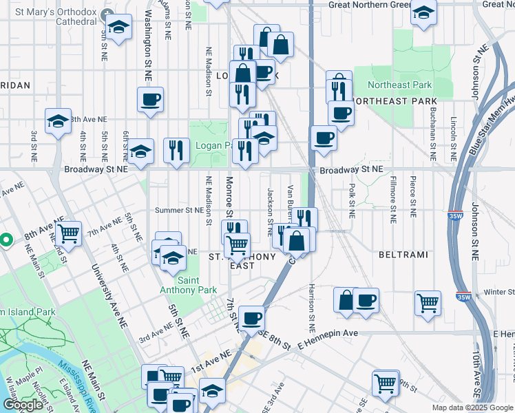 map of restaurants, bars, coffee shops, grocery stores, and more near 809 Summer Street Northeast in Minneapolis