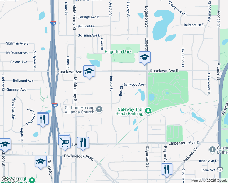 map of restaurants, bars, coffee shops, grocery stores, and more near 1854 Desoto Street in Saint Paul