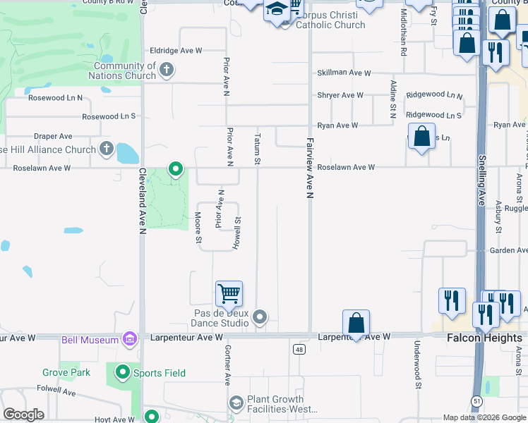 map of restaurants, bars, coffee shops, grocery stores, and more near 1854 Tatum Street in Falcon Heights