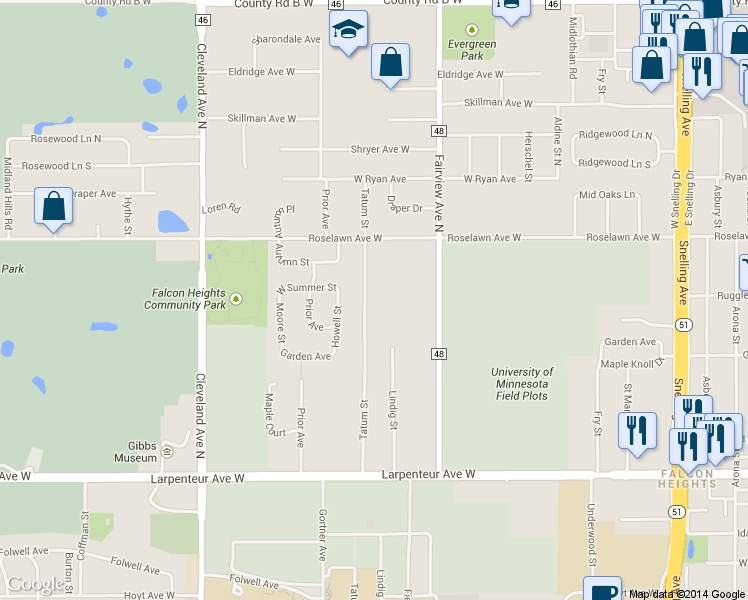 map of restaurants, bars, coffee shops, grocery stores, and more near 1854 Tatum Street in Falcon Heights