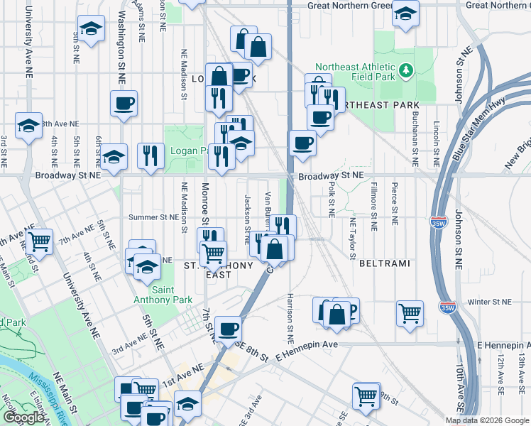 map of restaurants, bars, coffee shops, grocery stores, and more near 843 Summer Street Northeast in Minneapolis
