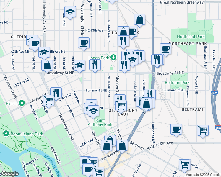 map of restaurants, bars, coffee shops, grocery stores, and more near 681 Northeast Madison Street in Minneapolis