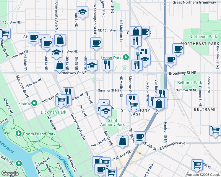 map of restaurants, bars, coffee shops, grocery stores, and more near 703 Jefferson Street Northeast in Minneapolis