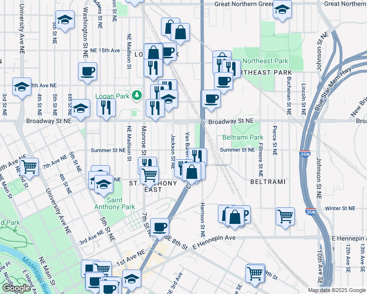 map of restaurants, bars, coffee shops, grocery stores, and more near 843 Summer Street Northeast in Minneapolis