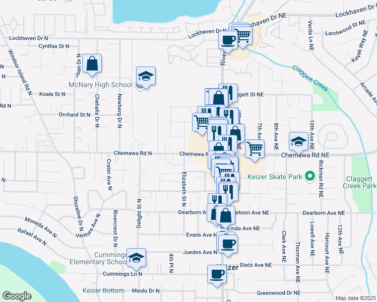 map of restaurants, bars, coffee shops, grocery stores, and more near 5008 Elizabeth Street North in Keizer