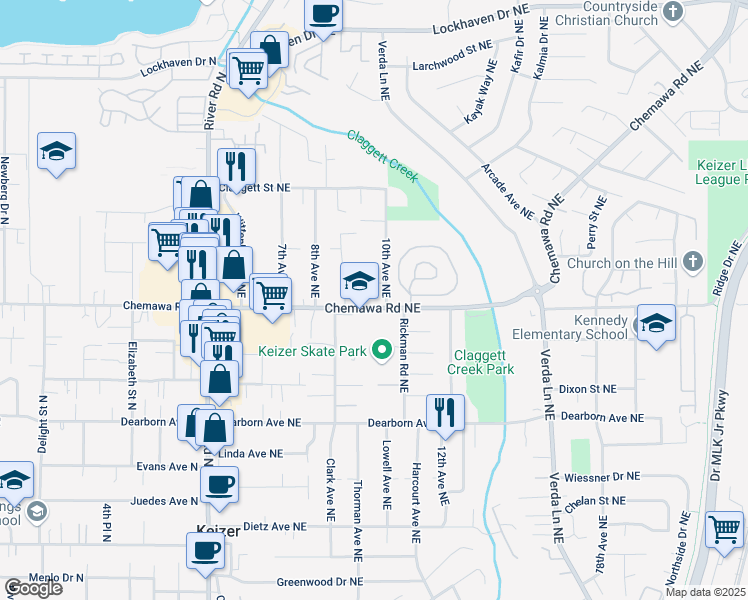 map of restaurants, bars, coffee shops, grocery stores, and more near 961 Chemawa Road Northeast in Keizer