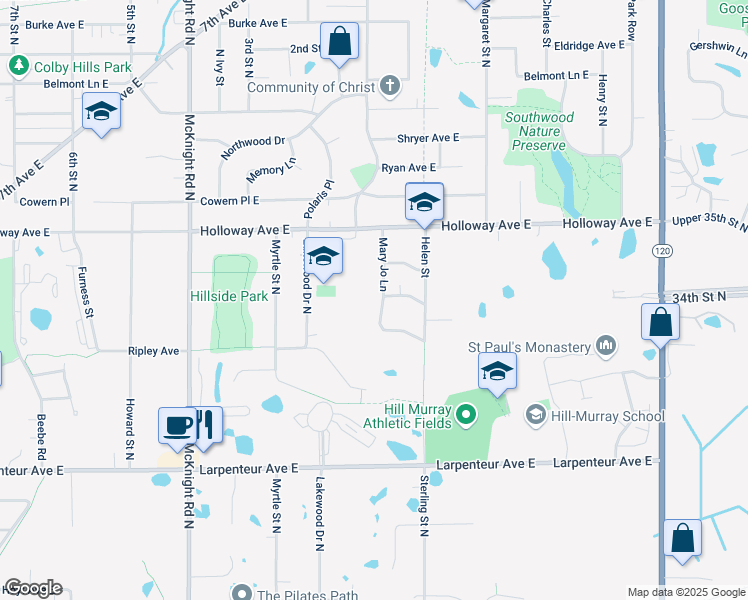 map of restaurants, bars, coffee shops, grocery stores, and more near 1843 Mary Jo Lane in North Saint Paul
