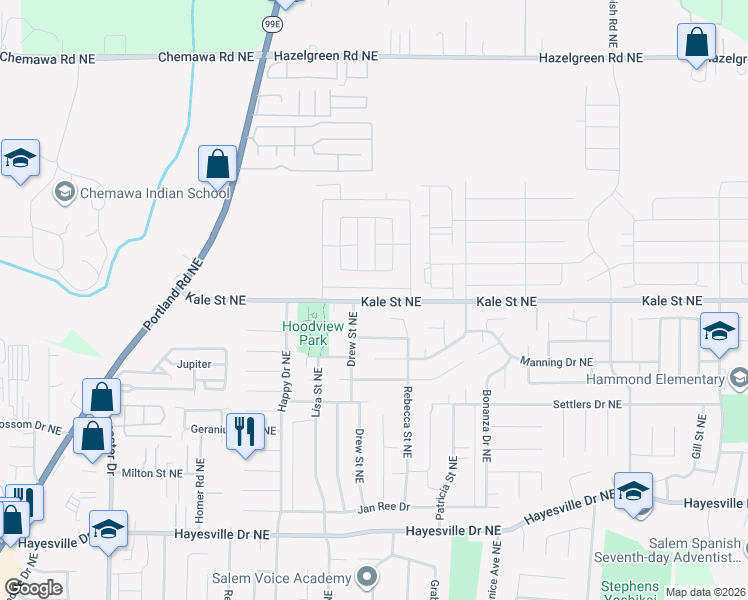map of restaurants, bars, coffee shops, grocery stores, and more near 4388 Kale Street Northeast in Salem