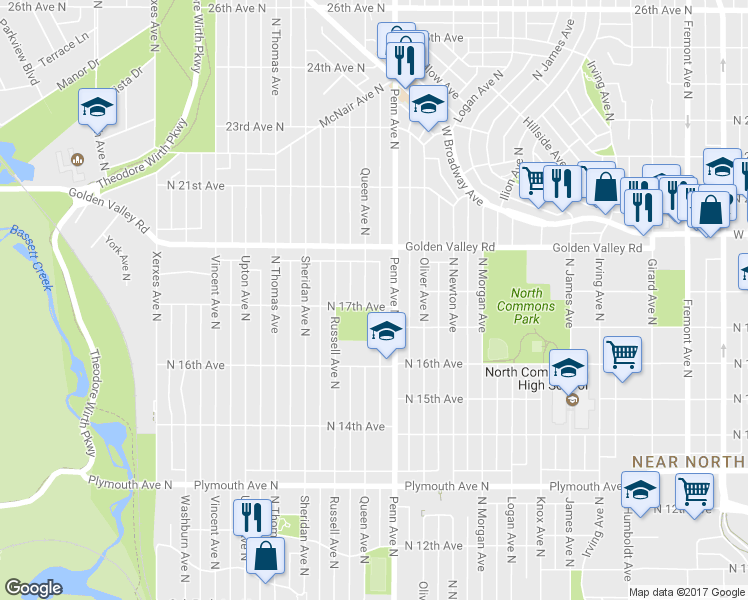 map of restaurants, bars, coffee shops, grocery stores, and more near 1700 Queen Avenue North in Minneapolis