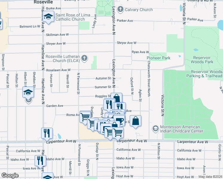 map of restaurants, bars, coffee shops, grocery stores, and more near 1847 Lexington Avenue North in Roseville