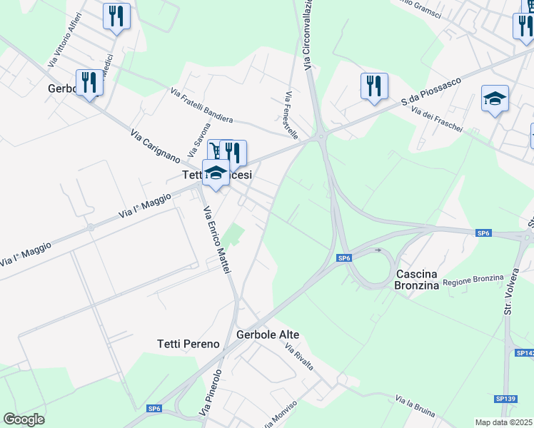 map of restaurants, bars, coffee shops, grocery stores, and more near 28 Strada Comunale Vecchia di Pinerolo in Orbassano